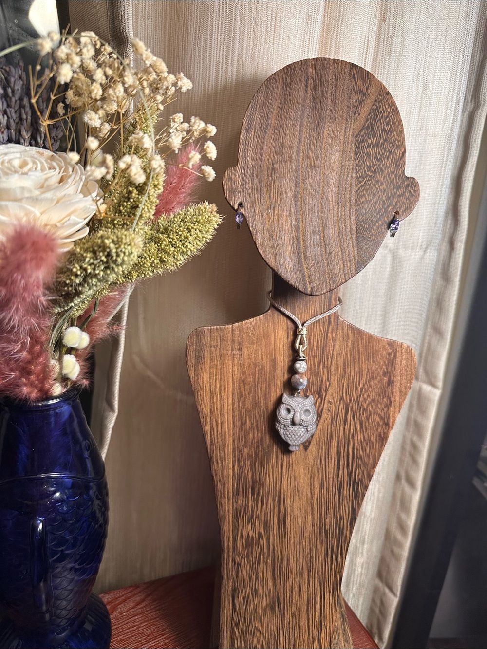 Alashan Agate Owl Pendant Necklace with Sunstone and Coral Fossil on Rope - Picture 10 of 12